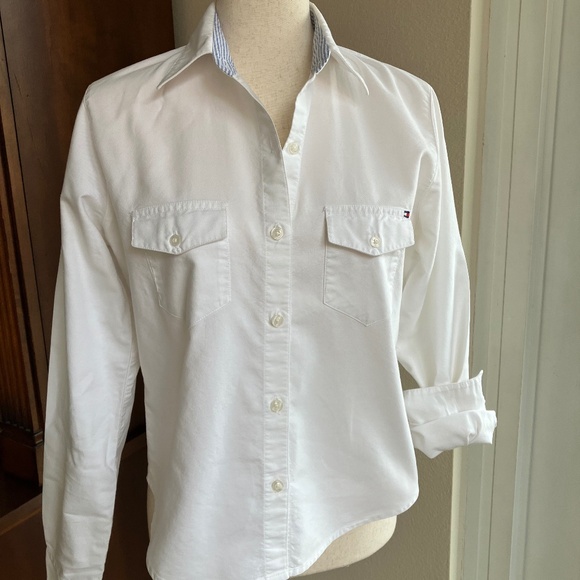 Tommy Jeans Cropped Cotton White Oxford Blouse - Size Large - Picture 1 of 8